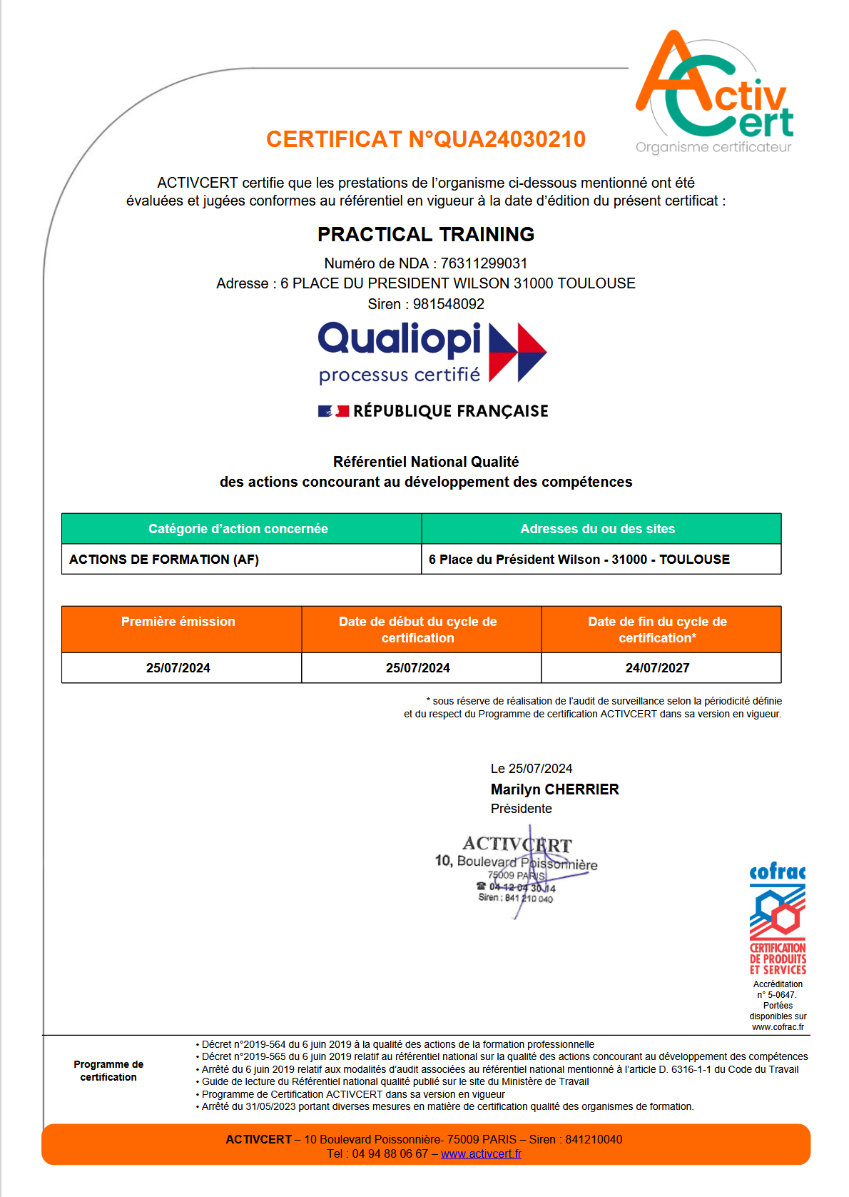Certificat Qualiopi délivré à Practical Training